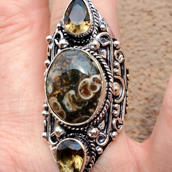 New Turtella Agate Fossil & Smoky Quartz 925 Silver Statement Ring. - Picture 6 of 13